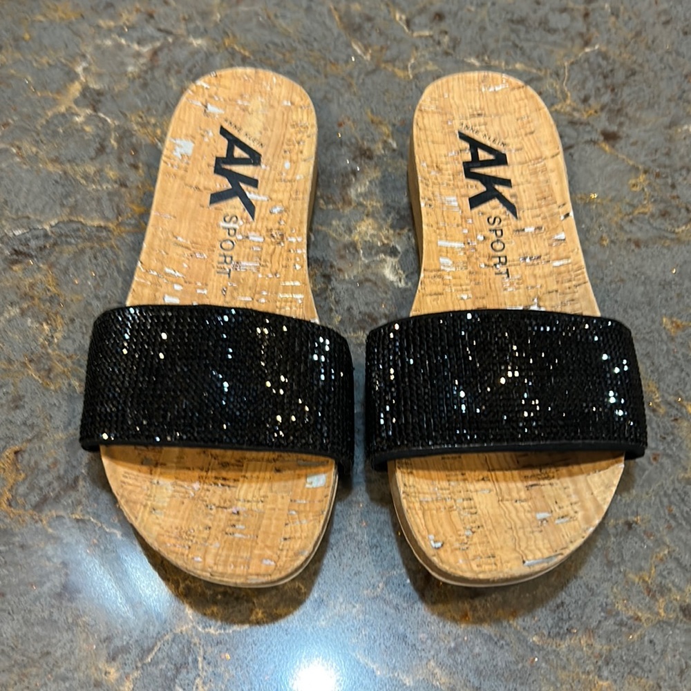 Anne Klein Sport black rhinestone slides, size 6.5M.